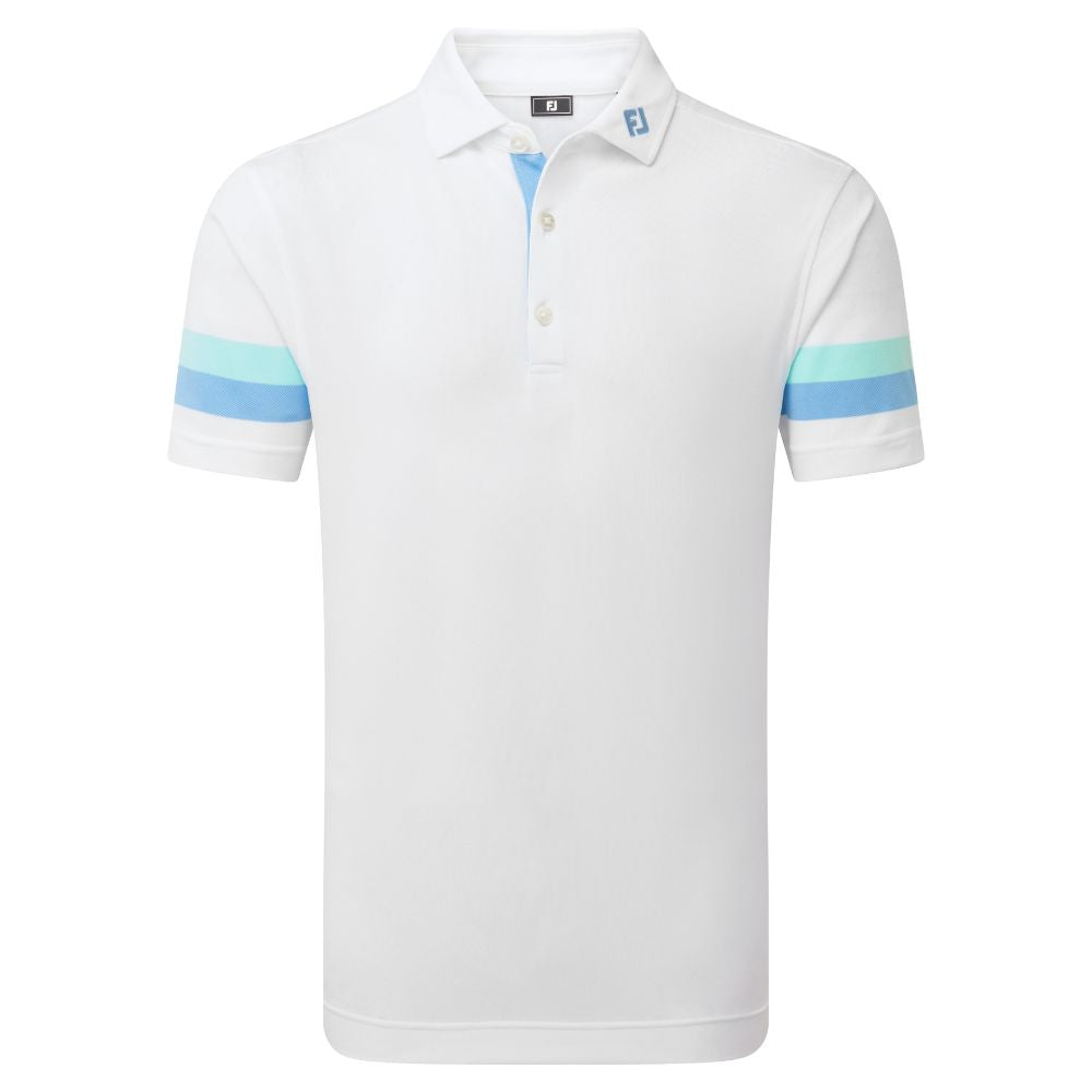 FootJoy Golf Sleeve Stripe Pique Polo Shirt 2026 - 39280 White / Blue Reef / Sea Glass M