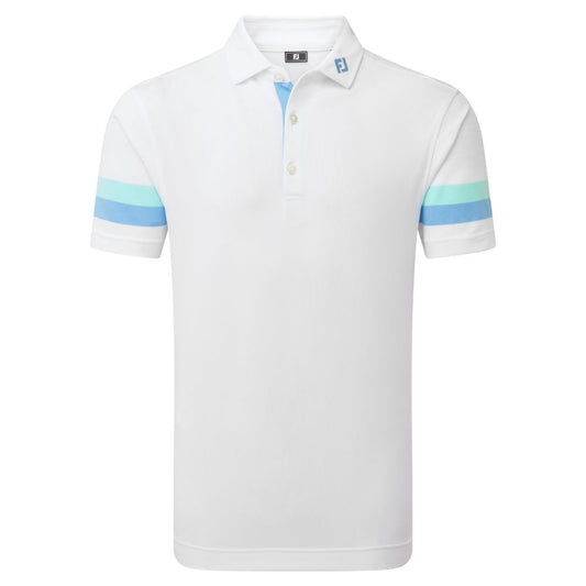 FootJoy Golf Sleeve Stripe Pique Polo Shirt 2026 - 39280 White / Blue Reef / Sea Glass M