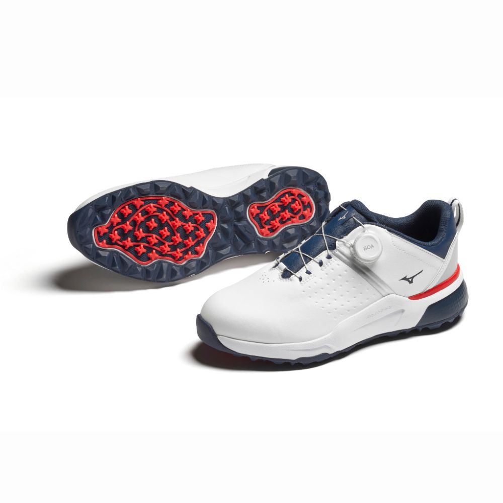 Mizuno Hazard Enerzy BOA Spikeless Golf Shoes 2025 - White / Dress Blue
