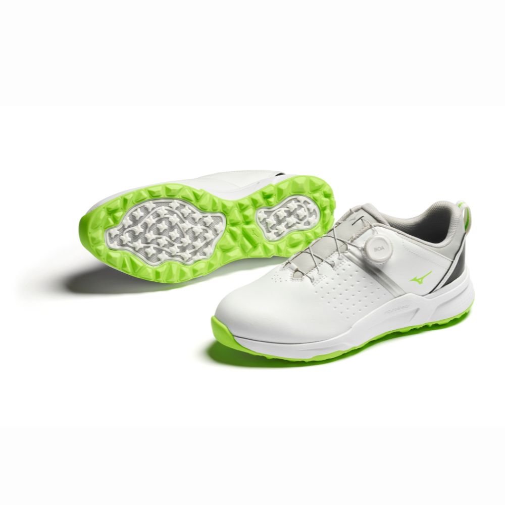 Mizuno Hazard Enerzy BOA Spikeless Golf Shoes 2025 - White / Green Gecko