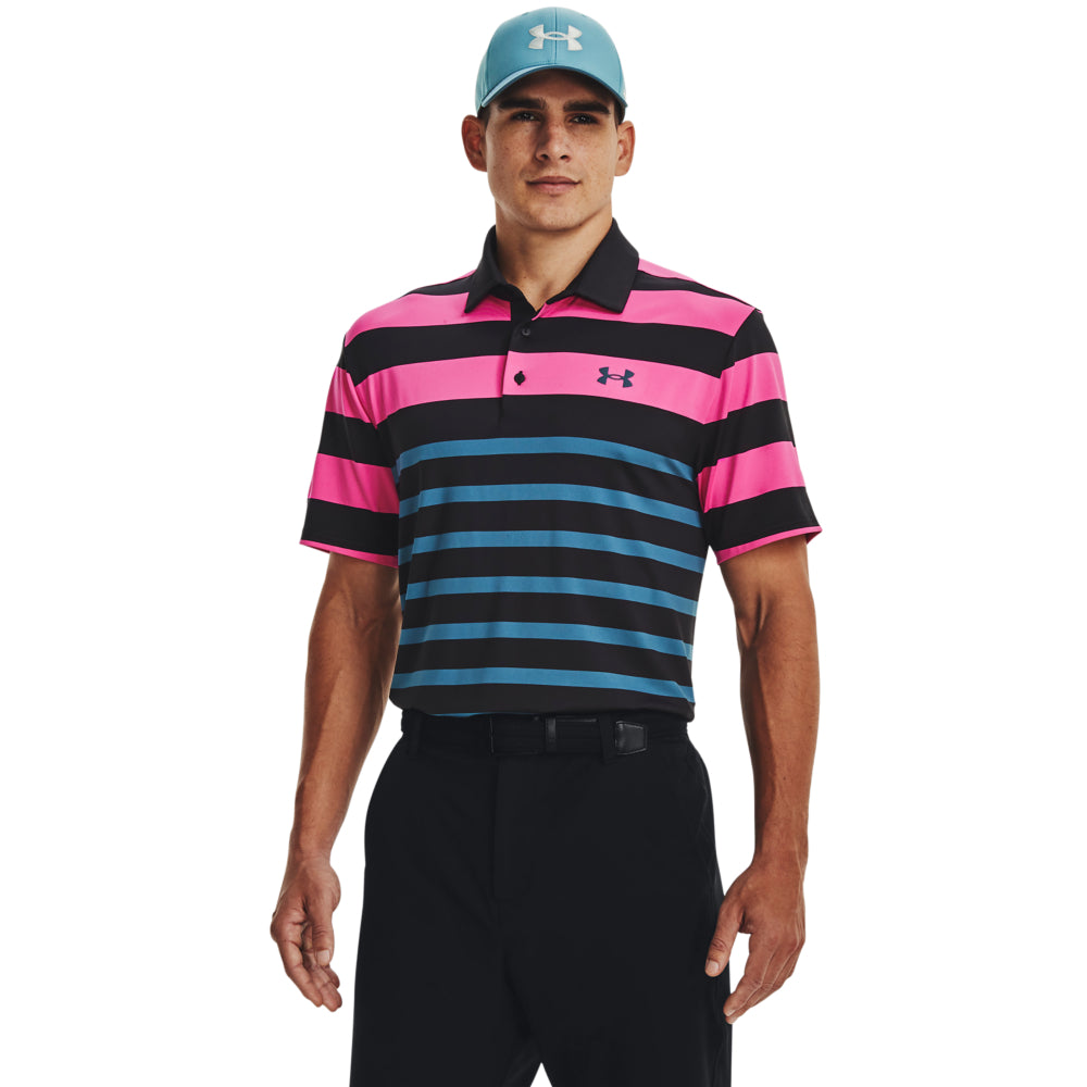 Under Armour UA Playoff 3.0 Rugby YD Stripe Golf Polo Shirt 1378676 Black / Rebel Pink / Static Blue 002 S 