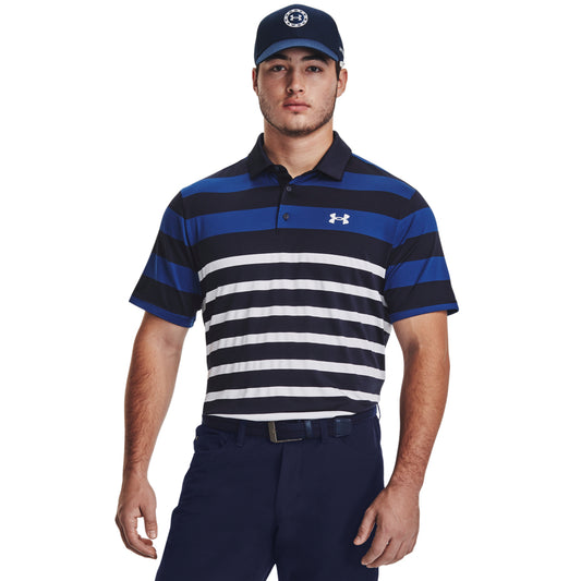 Under Armour UA Playoff 3.0 Rugby YD Stripe Golf Polo Shirt 1378676 Midnight Navy / Blue Mirage / White 411 S 