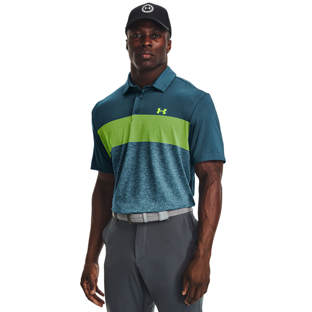 Under Armour UA Playoff 3.0 Low Round Stripe Golf Polo Shirt 1378676 Static Blue / Still Water / Lime Surge 415 S 